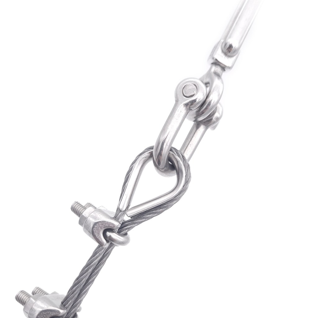 zoom in wire rope termination with wire rope clip and turn buckle